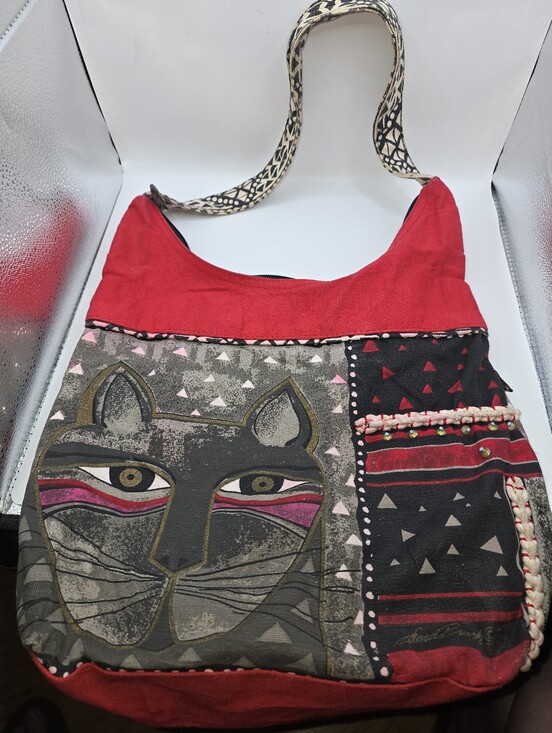 Laurel Burch Handbags - Laurel Burch Whiskered Cat Shoulder Tote HOBO Bag 12x13x4 Red Gray Black